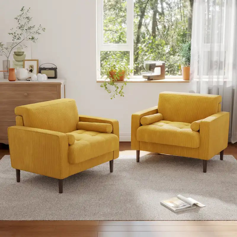 Poltrona d'accento oversize in velluto a coste con sedile trapuntato, braccioli squadrati e gambe coniche in legno – Grigio chiaro / Blu navy / Verde / Beige / Grigio / Giallo
