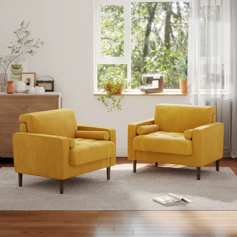 Poltrona d'accento oversize in velluto a coste con sedile trapuntato, braccioli squadrati e gambe coniche in legno – Grigio chiaro / Blu navy / Verde / Beige / Grigio / Giallo