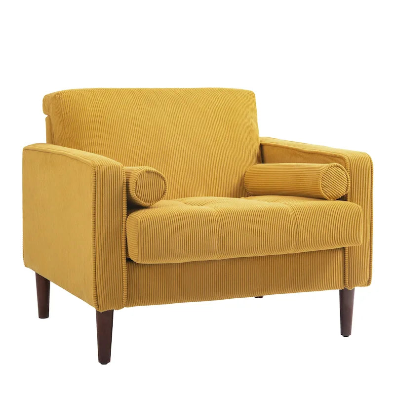 Poltrona d'accento oversize in velluto a coste con sedile trapuntato, braccioli squadrati e gambe coniche in legno – Grigio chiaro / Blu navy / Verde / Beige / Grigio / Giallo