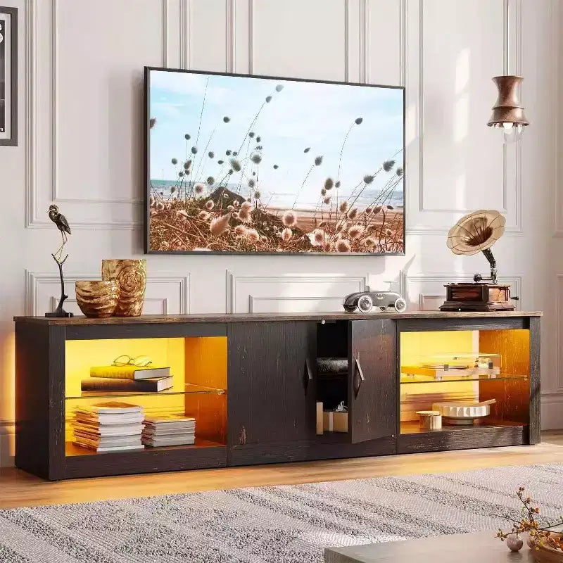 Mobile TV Bestier 70 con LED per TV fino a 75 pollici, Consolle Media per Intrattenimento con Ripiani Regolabili in Vetro Temperato e Vano Contenitore Chiuso per Salotto