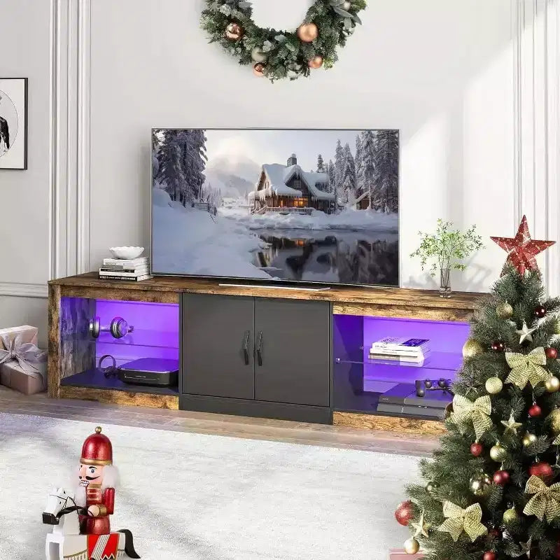 Mobile TV Bestier 70 con LED per TV fino a 75 pollici, Consolle Media per Intrattenimento con Ripiani Regolabili in Vetro Temperato e Vano Contenitore Chiuso per Salotto