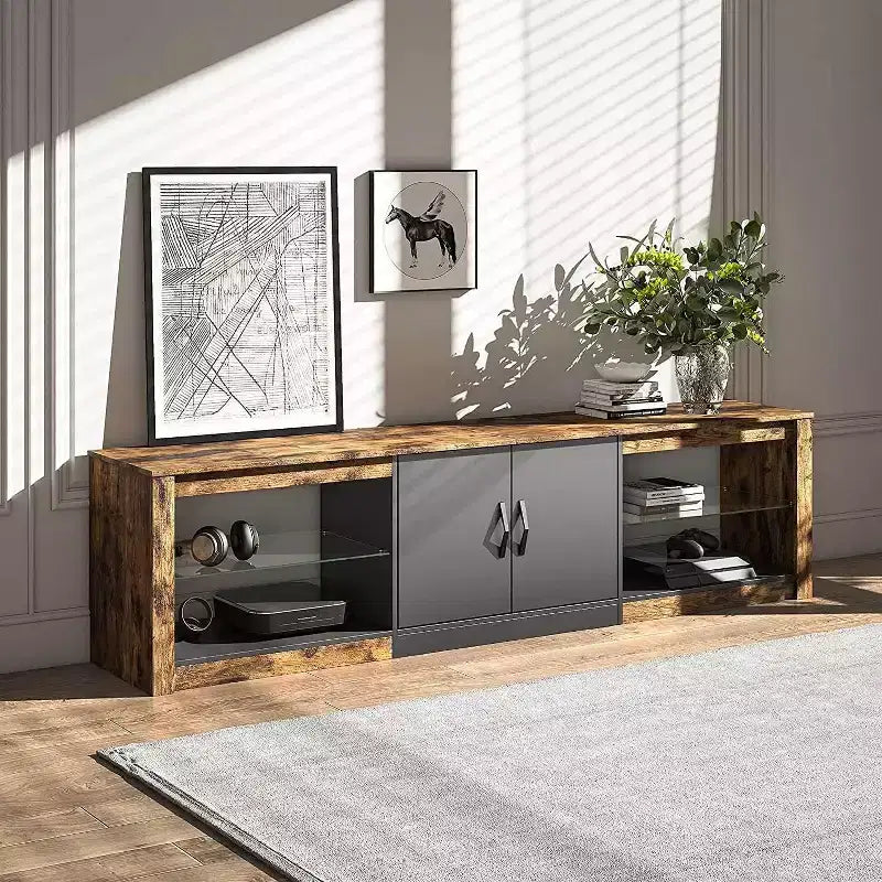 Mobile TV Bestier 70 con LED per TV fino a 75 pollici, Consolle Media per Intrattenimento con Ripiani Regolabili in Vetro Temperato e Vano Contenitore Chiuso per Salotto
