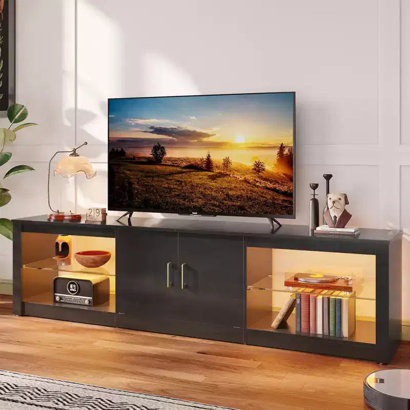 Mobile TV Bestier 70 con LED per TV fino a 75 pollici, Consolle Media per Intrattenimento con Ripiani Regolabili in Vetro Temperato e Vano Contenitore Chiuso per Salotto