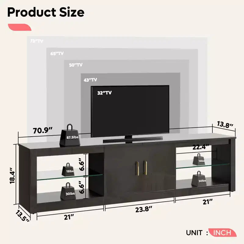 Mobile TV Bestier 70 con LED per TV fino a 75 pollici, Consolle Media per Intrattenimento con Ripiani Regolabili in Vetro Temperato e Vano Contenitore Chiuso per Salotto