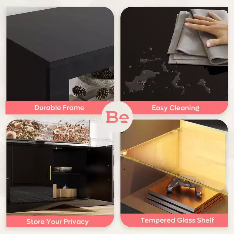 Mobile TV Bestier 70 con LED per TV fino a 75 pollici, Consolle Media per Intrattenimento con Ripiani Regolabili in Vetro Temperato e Vano Contenitore Chiuso per Salotto