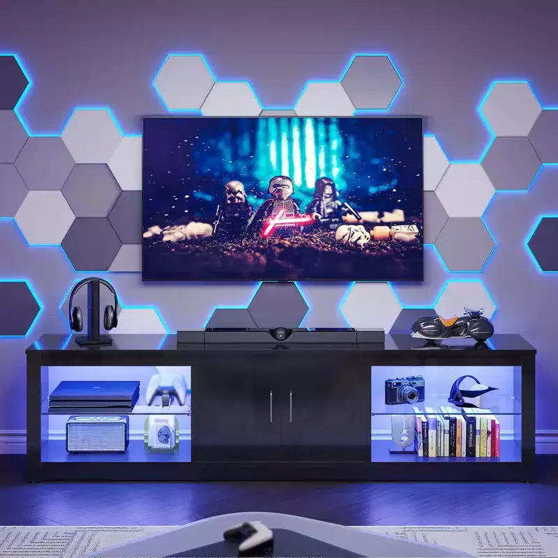 Mobile TV Bestier 70 con LED per TV fino a 75 pollici, Consolle Media per Intrattenimento con Ripiani Regolabili in Vetro Temperato e Vano Contenitore Chiuso per Salotto