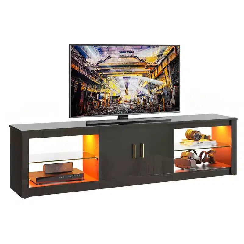 Mobile TV Bestier 70 con LED per TV fino a 75 pollici, Consolle Media per Intrattenimento con Ripiani Regolabili in Vetro Temperato e Vano Contenitore Chiuso per Salotto