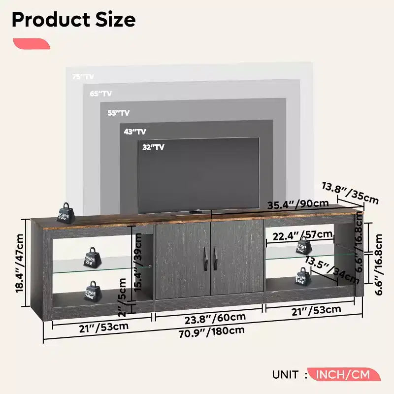 Mobile TV Bestier 70 con LED per TV fino a 75 pollici, Consolle Media per Intrattenimento con Ripiani Regolabili in Vetro Temperato e Vano Contenitore Chiuso per Salotto
