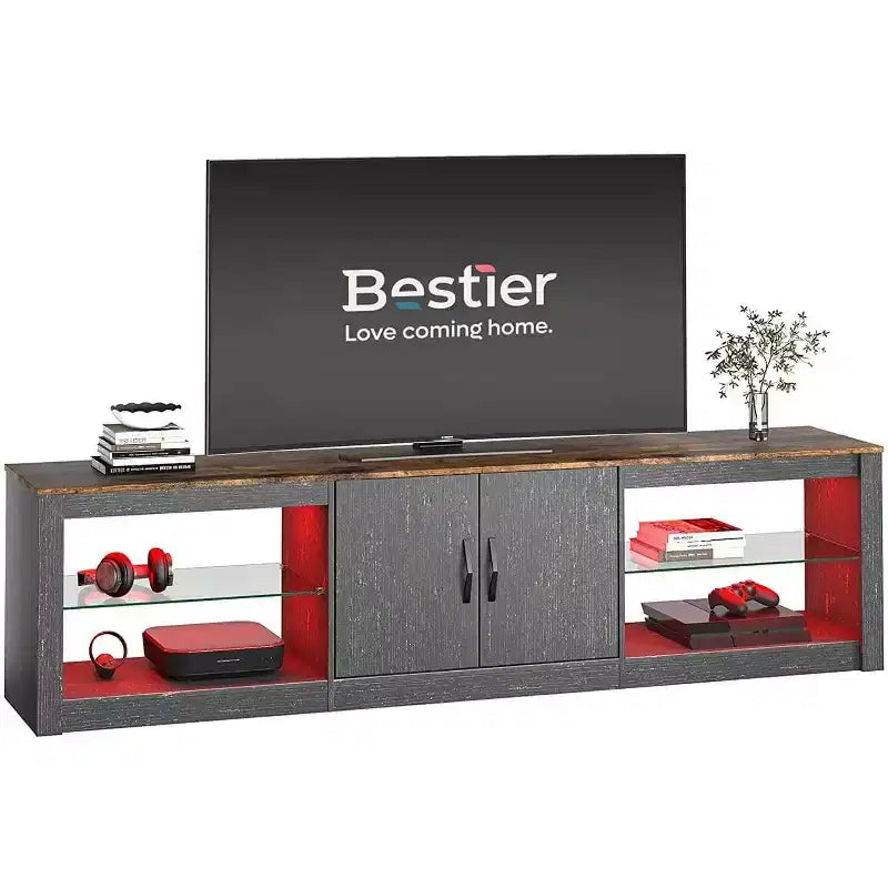 Mobile TV Bestier 70 con LED per TV fino a 75 pollici, Consolle Media per Intrattenimento con Ripiani Regolabili in Vetro Temperato e Vano Contenitore Chiuso per Salotto
