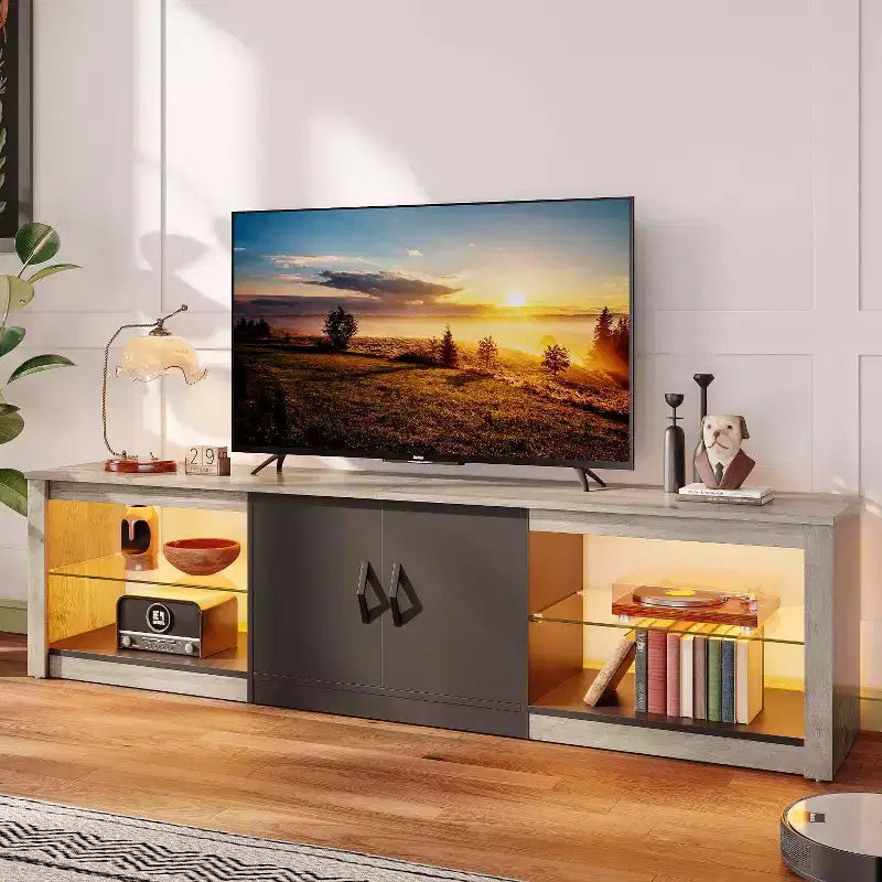 Mobile TV Bestier 70 con LED per TV fino a 75 pollici, Consolle Media per Intrattenimento con Ripiani Regolabili in Vetro Temperato e Vano Contenitore Chiuso per Salotto