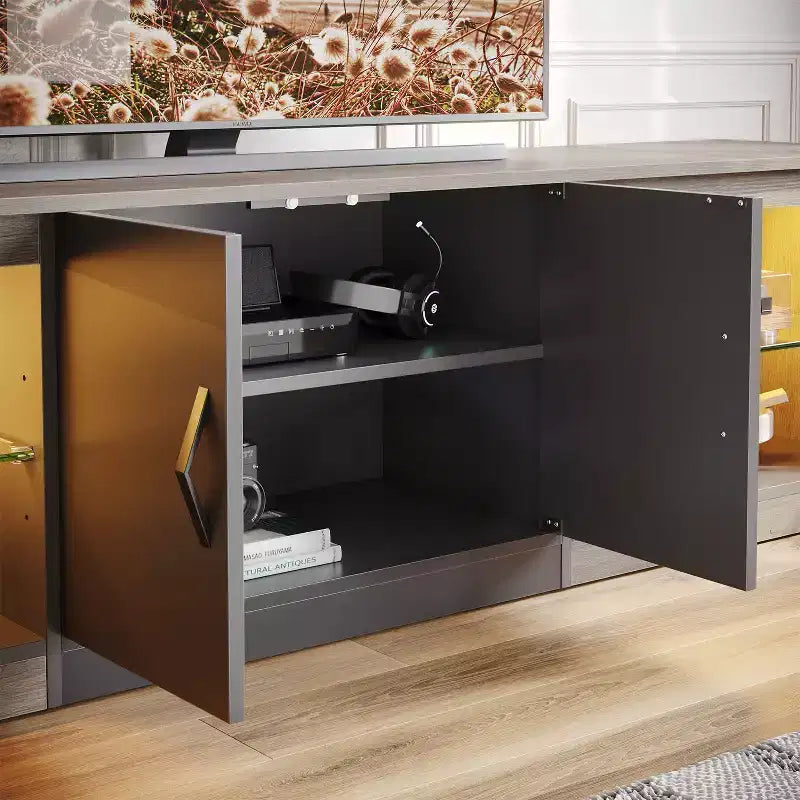 Mobile TV Bestier 70 con LED per TV fino a 75 pollici, Consolle Media per Intrattenimento con Ripiani Regolabili in Vetro Temperato e Vano Contenitore Chiuso per Salotto