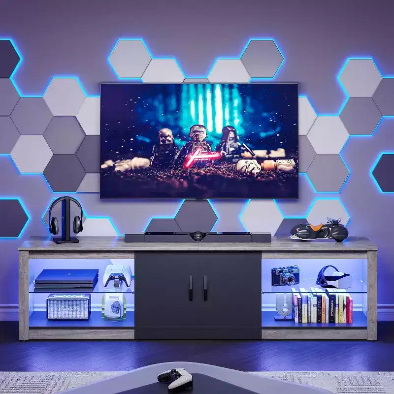 Mobile TV Bestier 70 con LED per TV fino a 75 pollici, Consolle Media per Intrattenimento con Ripiani Regolabili in Vetro Temperato e Vano Contenitore Chiuso per Salotto