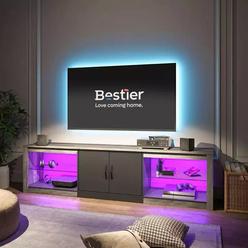 Mobile TV Bestier 70 con LED per TV fino a 75 pollici, Consolle Media per Intrattenimento con Ripiani Regolabili in Vetro Temperato e Vano Contenitore Chiuso per Salotto