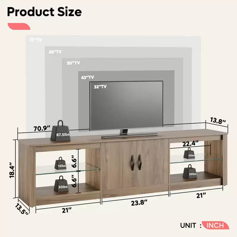 Mobile TV Bestier 70 con LED per TV fino a 75 pollici, Consolle Media per Intrattenimento con Ripiani Regolabili in Vetro Temperato e Vano Contenitore Chiuso per Salotto