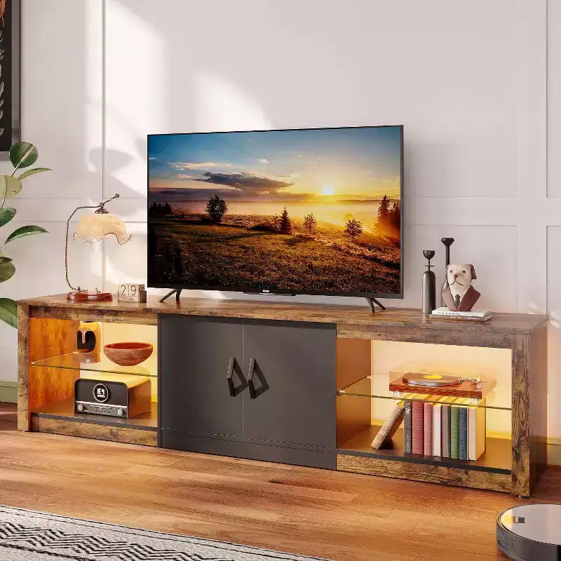 Mobile TV Bestier 70 con LED per TV fino a 75 pollici, Consolle Media per Intrattenimento con Ripiani Regolabili in Vetro Temperato e Vano Contenitore Chiuso per Salotto
