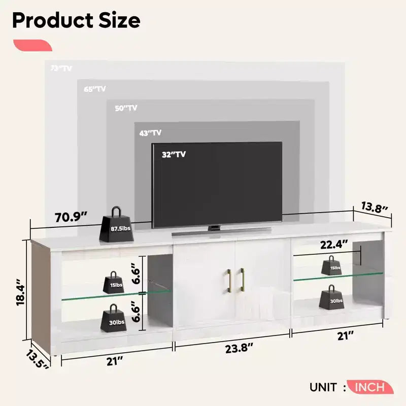 Mobile TV Bestier 70 con LED per TV fino a 75 pollici, Consolle Media per Intrattenimento con Ripiani Regolabili in Vetro Temperato e Vano Contenitore Chiuso per Salotto