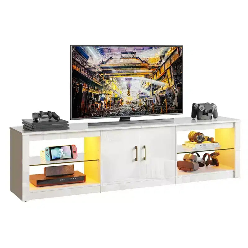Mobile TV Bestier 70 con LED per TV fino a 75 pollici, Consolle Media per Intrattenimento con Ripiani Regolabili in Vetro Temperato e Vano Contenitore Chiuso per Salotto