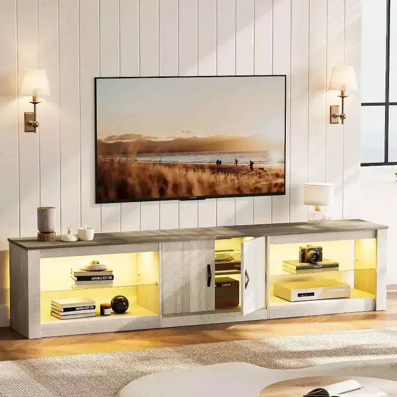 Mobile TV Bestier 70 con LED per TV fino a 75 pollici, Consolle Media per Intrattenimento con Ripiani Regolabili in Vetro Temperato e Vano Contenitore Chiuso per Salotto