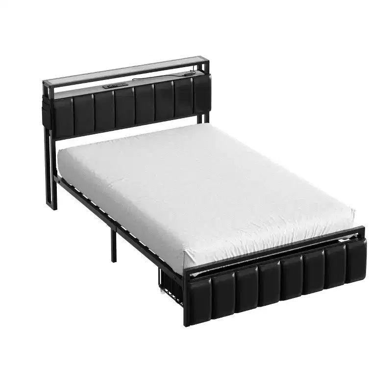 Base letto Bestier Full con testiera portaoggetti nascosta e doppia luce LED, letto in pelle PU nera con 2 cassetti, 2 ripiani con stazione di ricarica