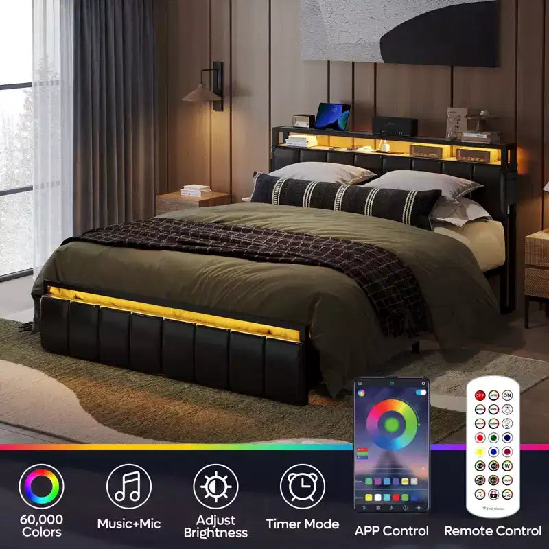 Base letto Bestier Full con testiera portaoggetti nascosta e doppia luce LED, letto in pelle PU nera con 2 cassetti, 2 ripiani con stazione di ricarica