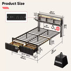 Base letto Bestier Full con testiera portaoggetti nascosta e doppia luce LED, letto in pelle PU nera con 2 cassetti, 2 ripiani con stazione di ricarica