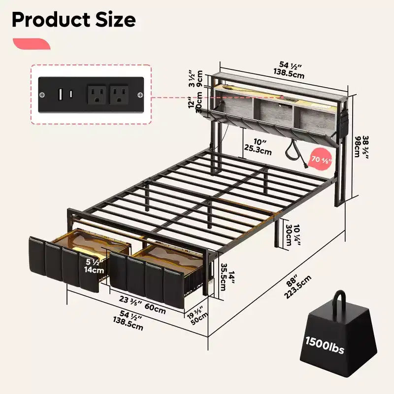 Base letto Bestier Full con testiera portaoggetti nascosta e doppia luce LED, letto in pelle PU nera con 2 cassetti, 2 ripiani con stazione di ricarica