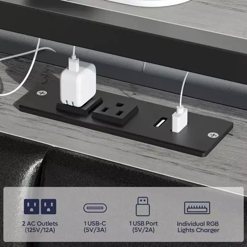 Base letto Bestier Full con testiera portaoggetti nascosta e doppia luce LED, letto in pelle PU nera con 2 cassetti, 2 ripiani con stazione di ricarica