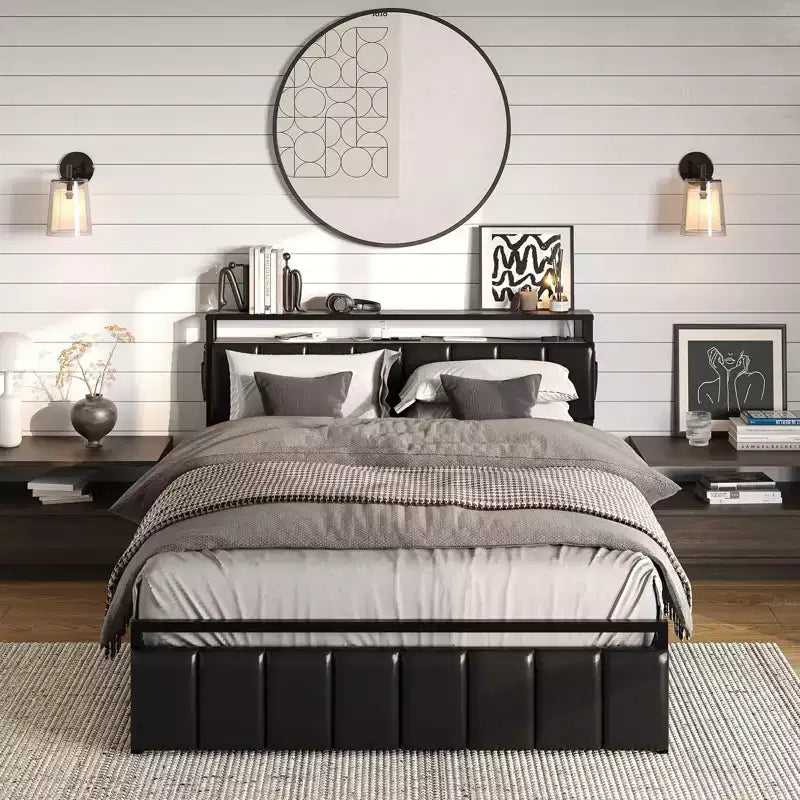 Base letto Bestier Full con testiera portaoggetti nascosta e doppia luce LED, letto in pelle PU nera con 2 cassetti, 2 ripiani con stazione di ricarica
