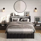 Base letto Bestier Full con testiera portaoggetti nascosta e doppia luce LED, letto in pelle PU nera con 2 cassetti, 2 ripiani con stazione di ricarica