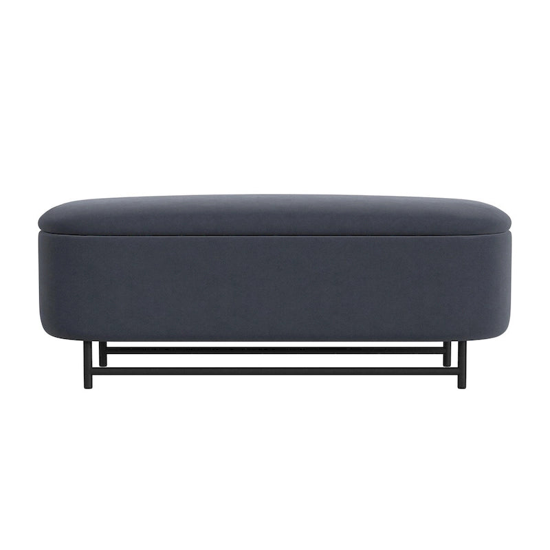 Panca contenitore Ellipse con seduta imbottita e gambe in metallo nero – Velluto blu acciaio / Ecopelle marrone / Bouclé crema, Singola