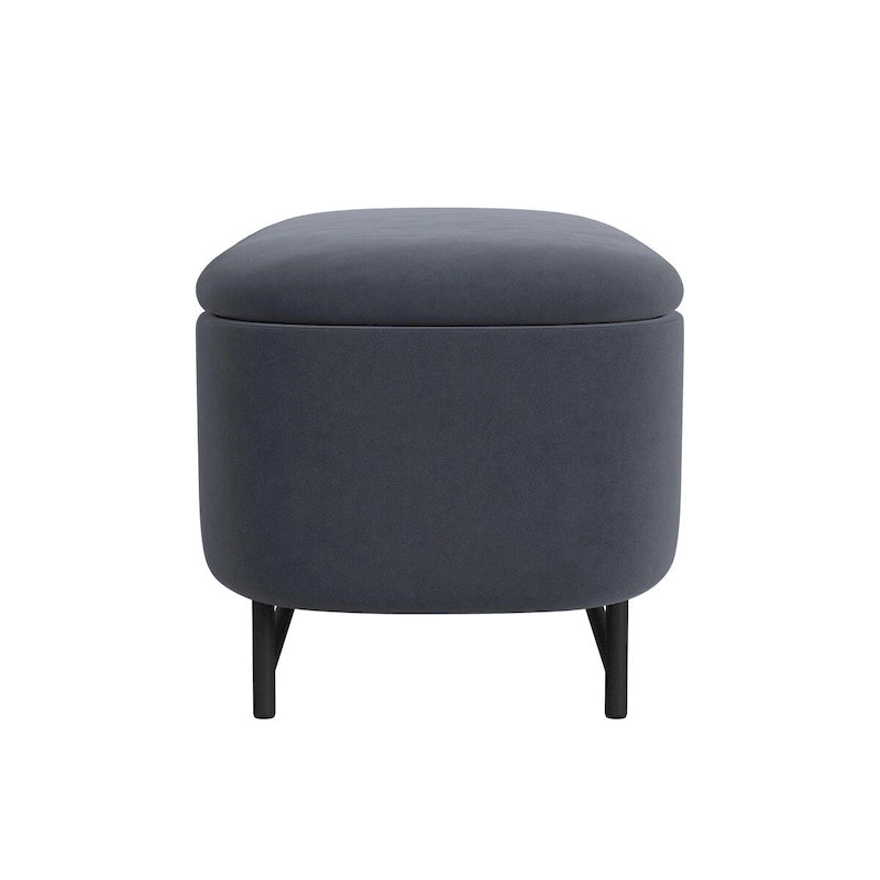 Panca contenitore Ellipse con seduta imbottita e gambe in metallo nero – Velluto blu acciaio / Ecopelle marrone / Bouclé crema, Singola