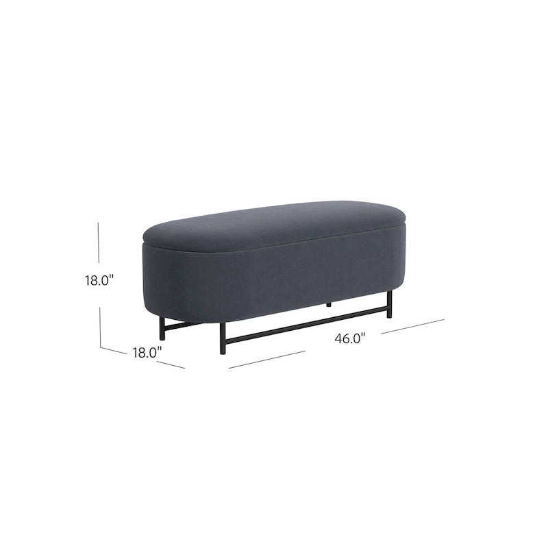 Panca contenitore Ellipse con seduta imbottita e gambe in metallo nero – Velluto blu acciaio / Ecopelle marrone / Bouclé crema, Singola