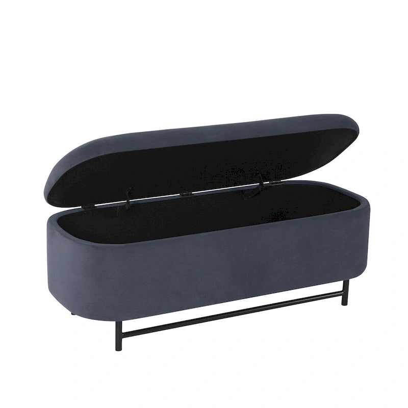 Panca contenitore Ellipse con seduta imbottita e gambe in metallo nero – Velluto blu acciaio / Ecopelle marrone / Bouclé crema, Singola