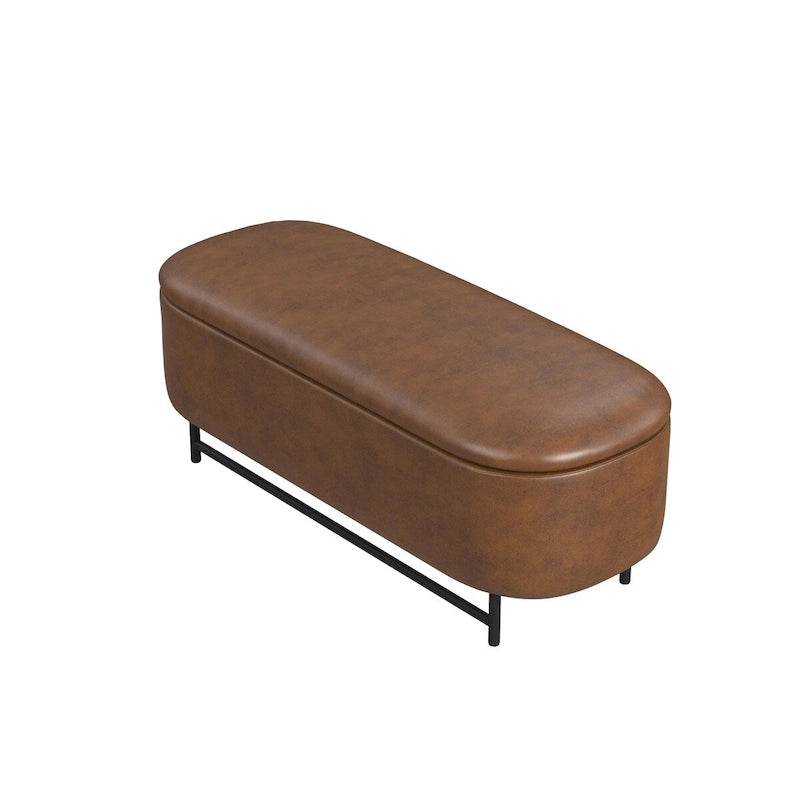 Panca contenitore Ellipse con seduta imbottita e gambe in metallo nero – Velluto blu acciaio / Ecopelle marrone / Bouclé crema, Singola