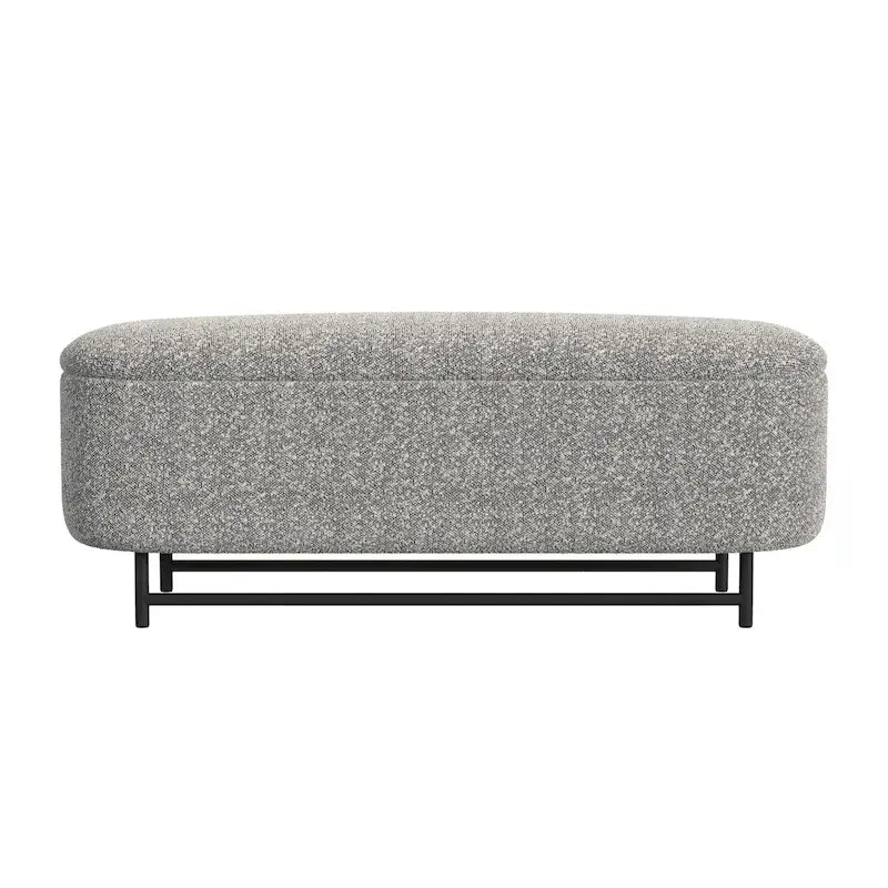 Panca contenitore Ellipse con seduta imbottita e gambe in metallo nero – Velluto blu acciaio / Ecopelle marrone / Bouclé crema, Singola