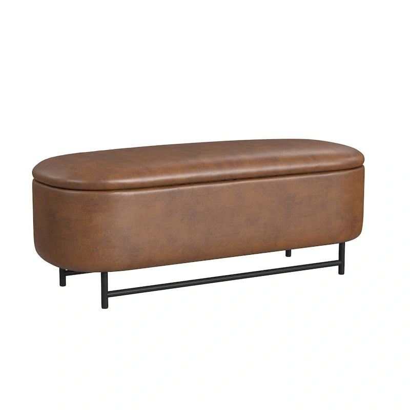 Panca contenitore Ellipse con seduta imbottita e gambe in metallo nero – Velluto blu acciaio / Ecopelle marrone / Bouclé crema, Singola