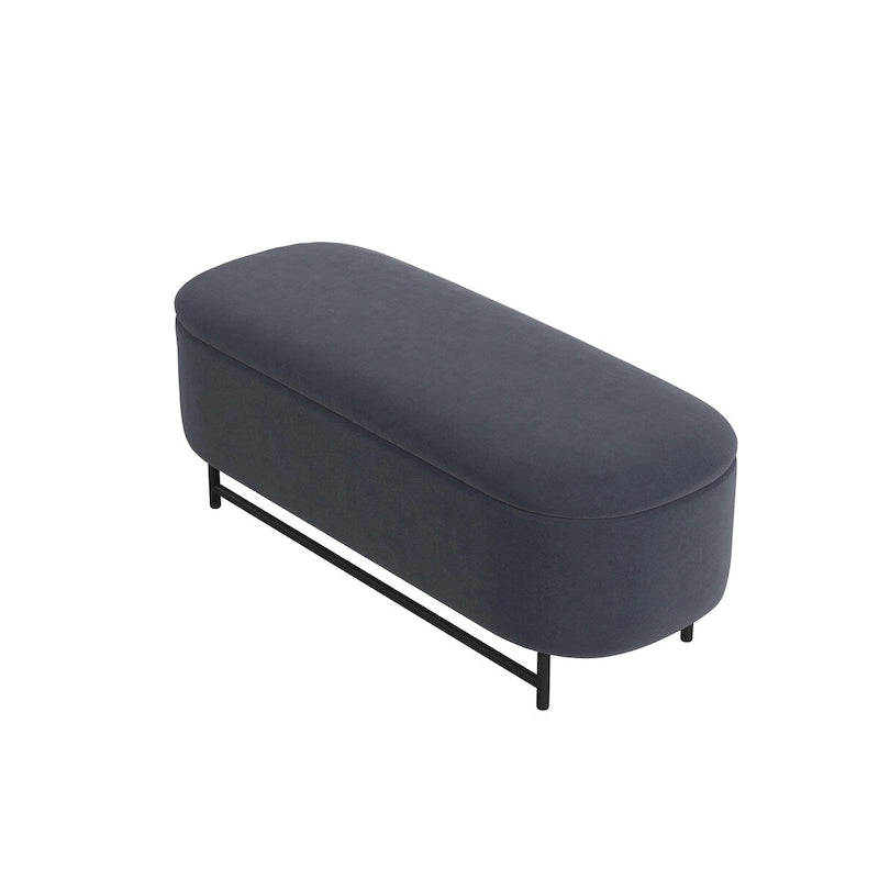 Panca contenitore Ellipse con seduta imbottita e gambe in metallo nero – Velluto blu acciaio / Ecopelle marrone / Bouclé crema, Singola