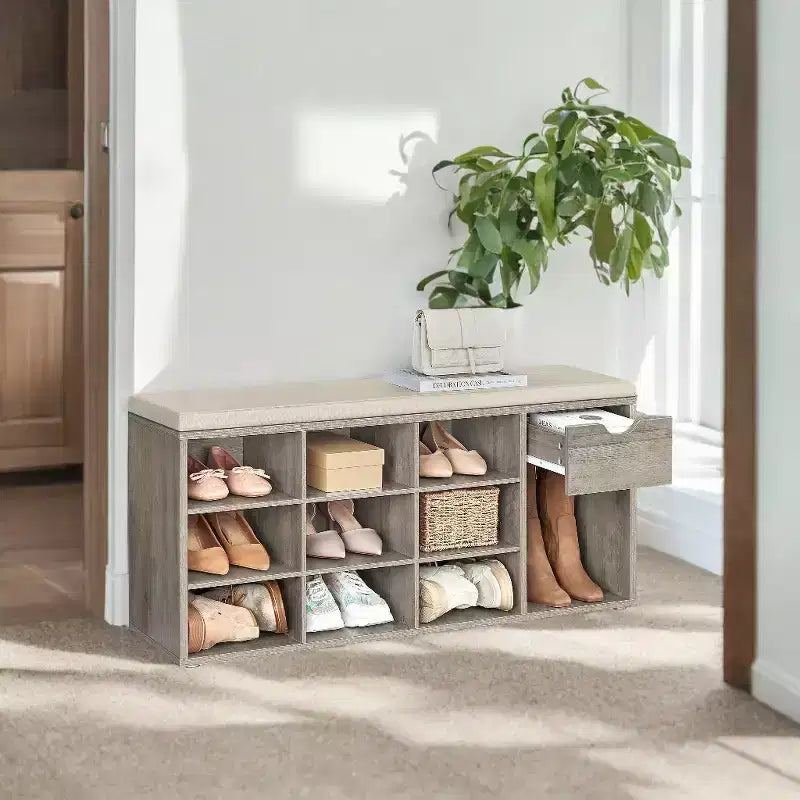 Panca contenitore, Panca da ingresso con cuscino, cassetto e scomparti aperti, Panca con contenitore, per soggiorno, camera da letto, guardaroba
