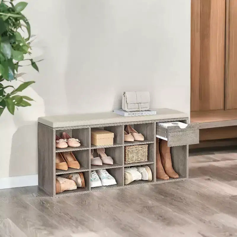 Panca contenitore, Panca da ingresso con cuscino, cassetto e scomparti aperti, Panca con contenitore, per soggiorno, camera da letto, guardaroba