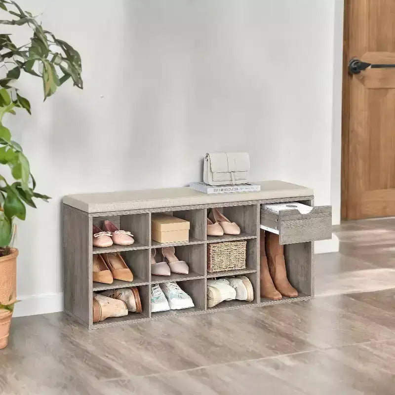 Panca contenitore, Panca da ingresso con cuscino, cassetto e scomparti aperti, Panca con contenitore, per soggiorno, camera da letto, guardaroba