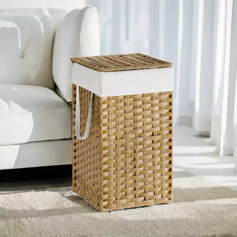 Cesto Portabiancheria con Coperchio da 65 Litri, Cesto Portabiancheria in Rattan con Coperchio e Maniglie, Pieghevole, Fodera Rimovibile per Lavanderia