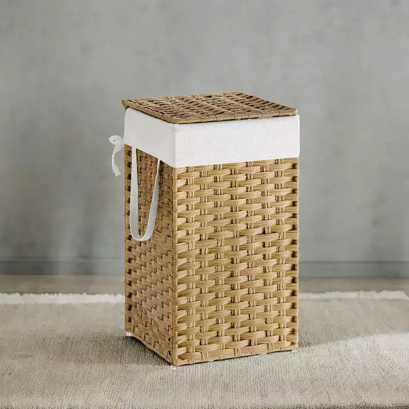 Cesto Portabiancheria con Coperchio da 65 Litri, Cesto Portabiancheria in Rattan con Coperchio e Maniglie, Pieghevole, Fodera Rimovibile per Lavanderia