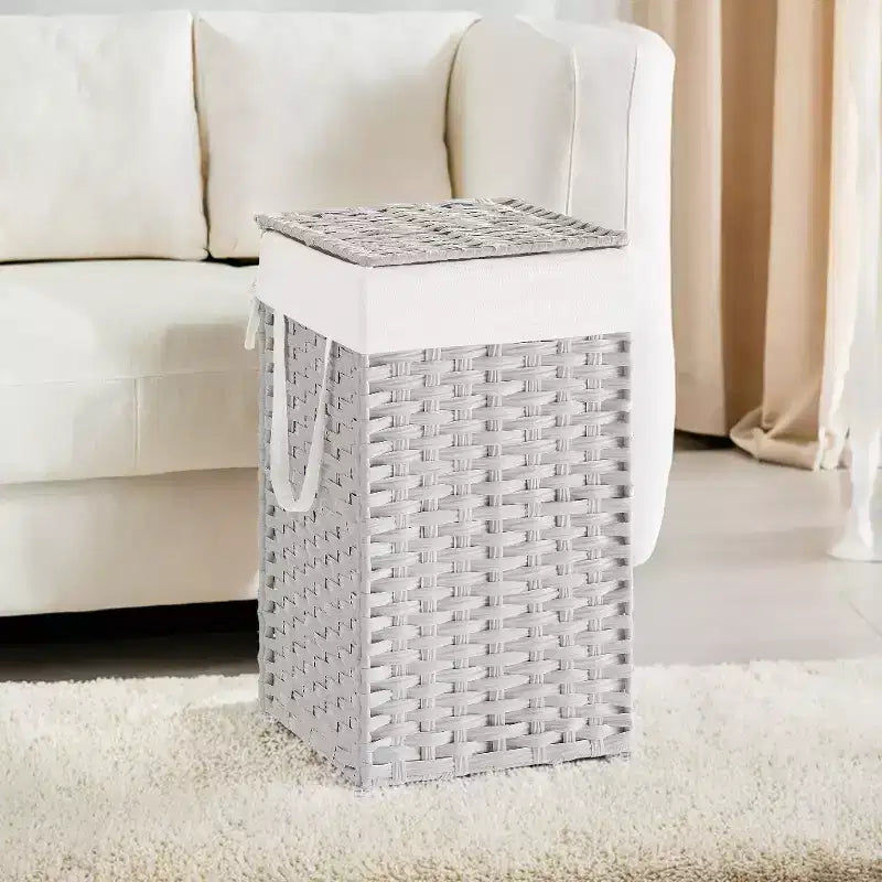 Cesto Portabiancheria con Coperchio da 65 Litri, Cesto Portabiancheria in Rattan con Coperchio e Maniglie, Pieghevole, Fodera Rimovibile per Lavanderia