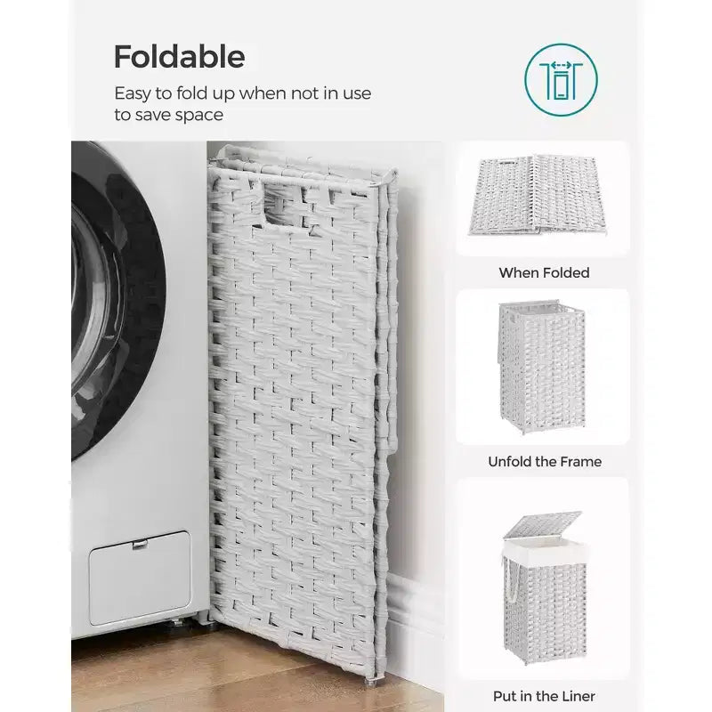 Cesto Portabiancheria con Coperchio da 65 Litri, Cesto Portabiancheria in Rattan con Coperchio e Maniglie, Pieghevole, Fodera Rimovibile per Lavanderia
