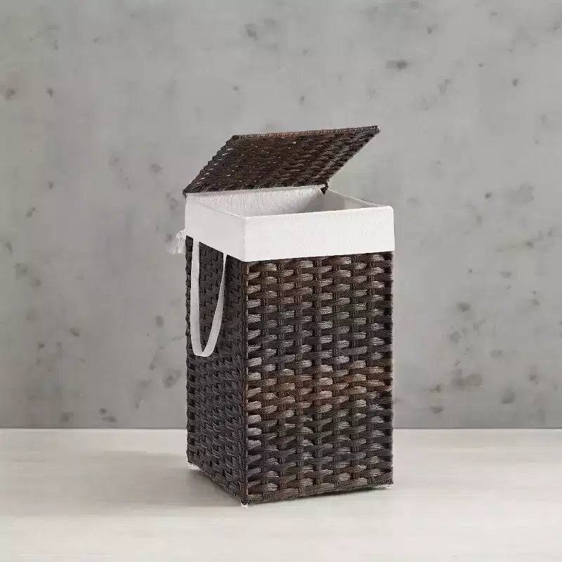 Cesto Portabiancheria con Coperchio da 65 Litri, Cesto Portabiancheria in Rattan con Coperchio e Maniglie, Pieghevole, Fodera Rimovibile per Lavanderia