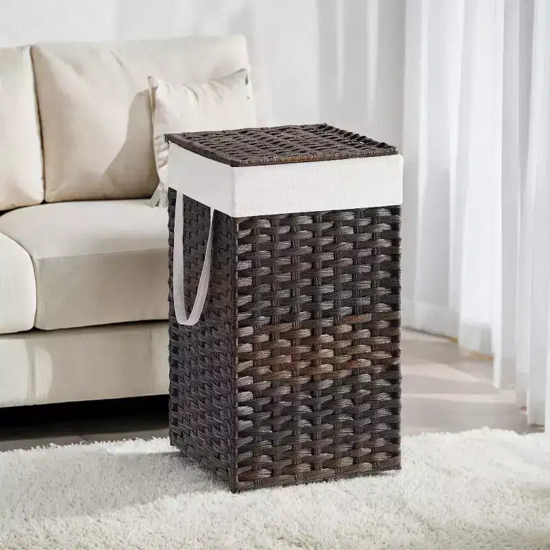 Cesto Portabiancheria con Coperchio da 65 Litri, Cesto Portabiancheria in Rattan con Coperchio e Maniglie, Pieghevole, Fodera Rimovibile per Lavanderia