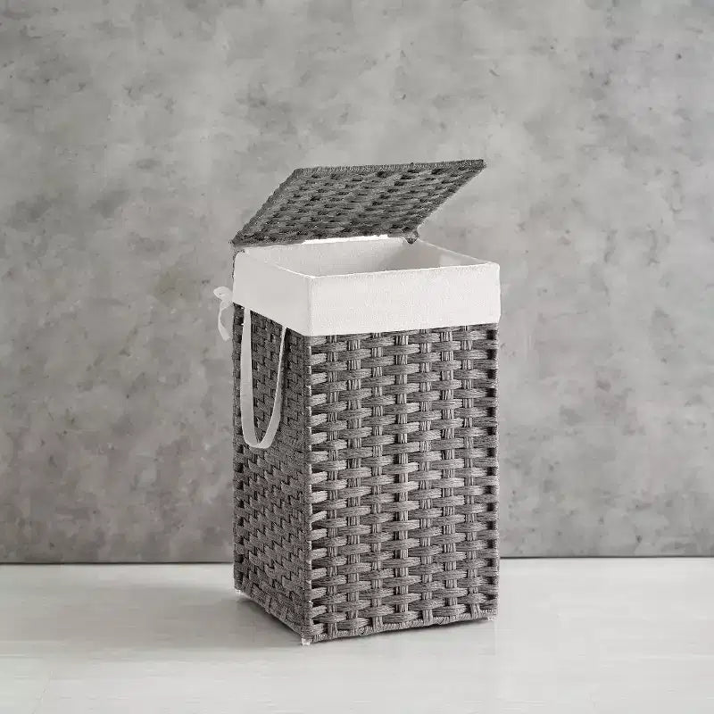 Cesto Portabiancheria con Coperchio da 65 Litri, Cesto Portabiancheria in Rattan con Coperchio e Maniglie, Pieghevole, Fodera Rimovibile per Lavanderia