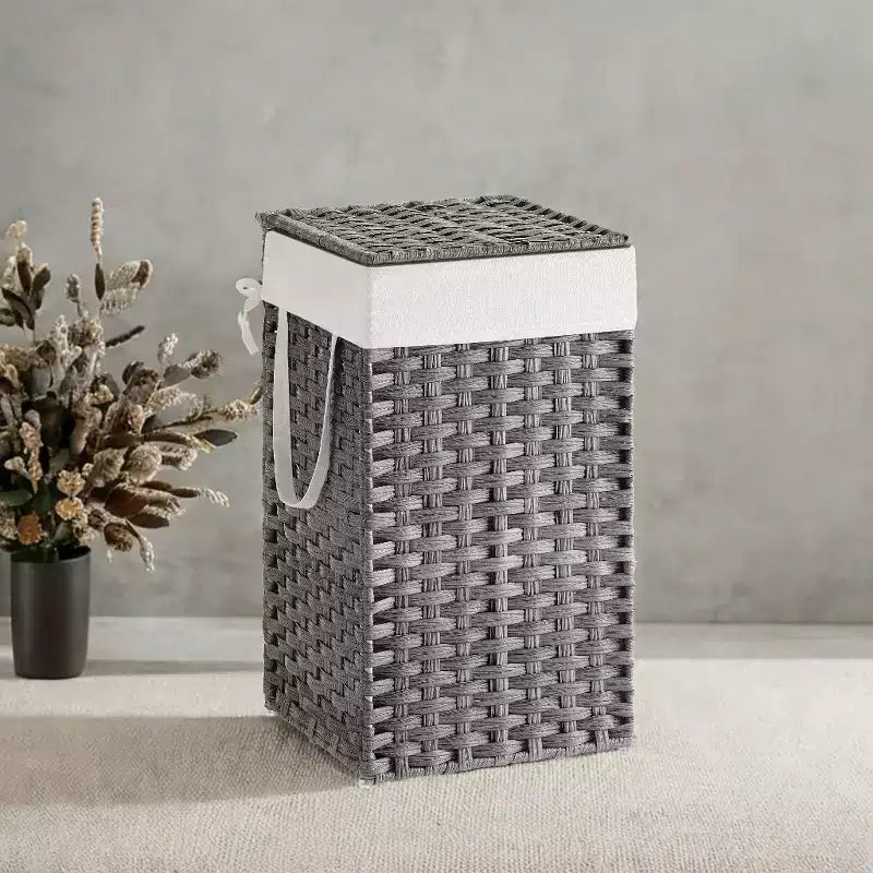 Cesto Portabiancheria con Coperchio da 65 Litri, Cesto Portabiancheria in Rattan con Coperchio e Maniglie, Pieghevole, Fodera Rimovibile per Lavanderia