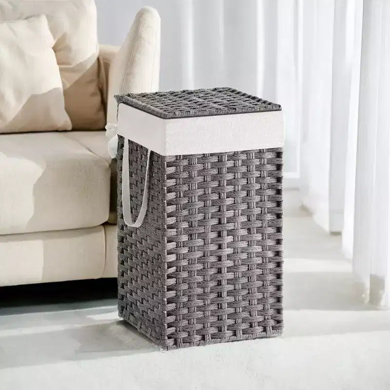 Cesto Portabiancheria con Coperchio da 65 Litri, Cesto Portabiancheria in Rattan con Coperchio e Maniglie, Pieghevole, Fodera Rimovibile per Lavanderia