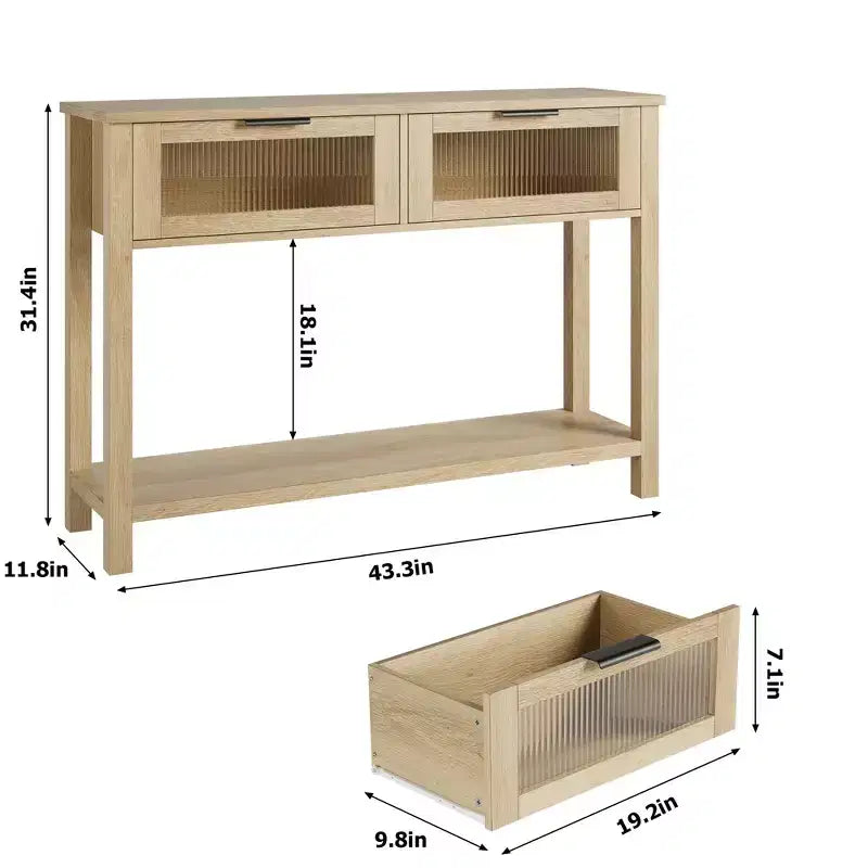 Tavolo da ingresso da 43 pollici, tavolo consolle in legno con 2 cassetti in vetro, tavolino da divano a 2 livelli con ripiano per soggiorno, tavoli da ingresso per corridoio
